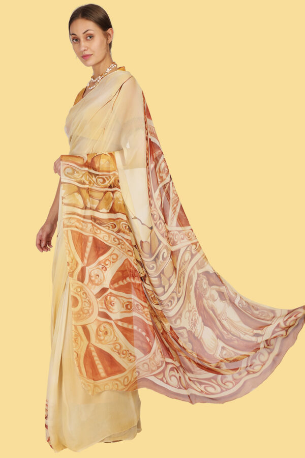 Khajuraho theme Hand Painted Saree in Chiffon - Image 3