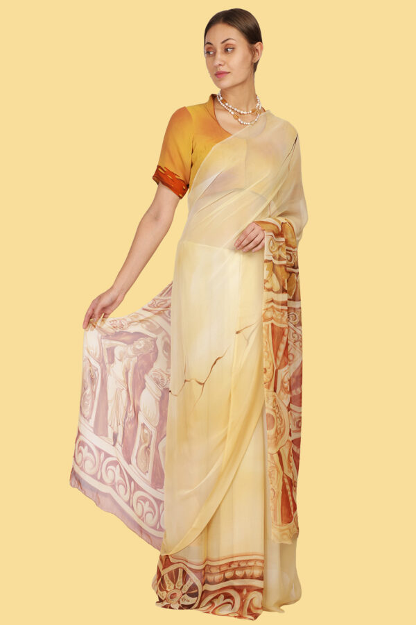 Khajuraho theme Hand Painted Saree in Chiffon - Image 6