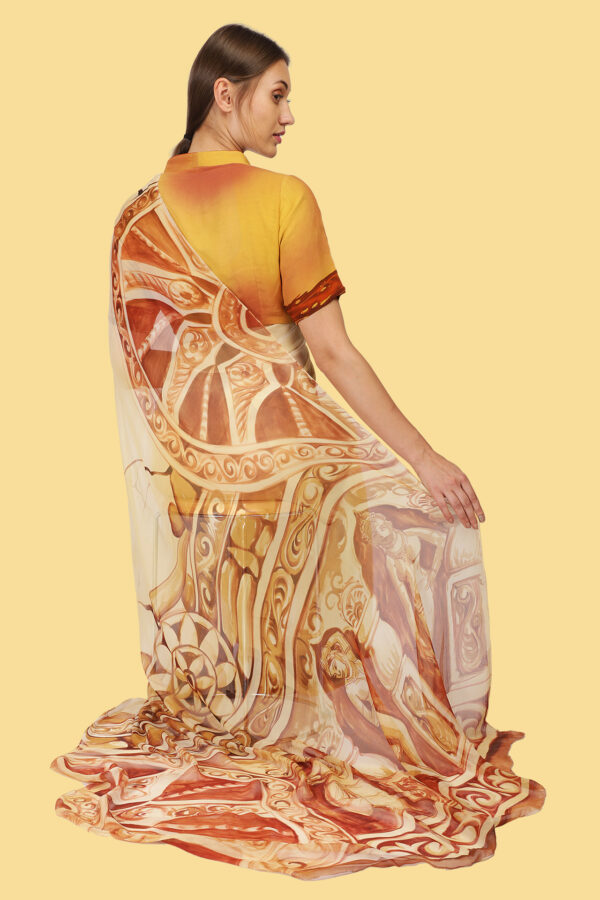 Khajuraho theme Hand Painted Saree in Chiffon - Image 4