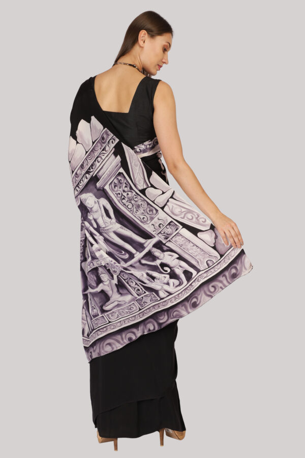 Khajuraho Hand painted Saree in Black and White - Image 5