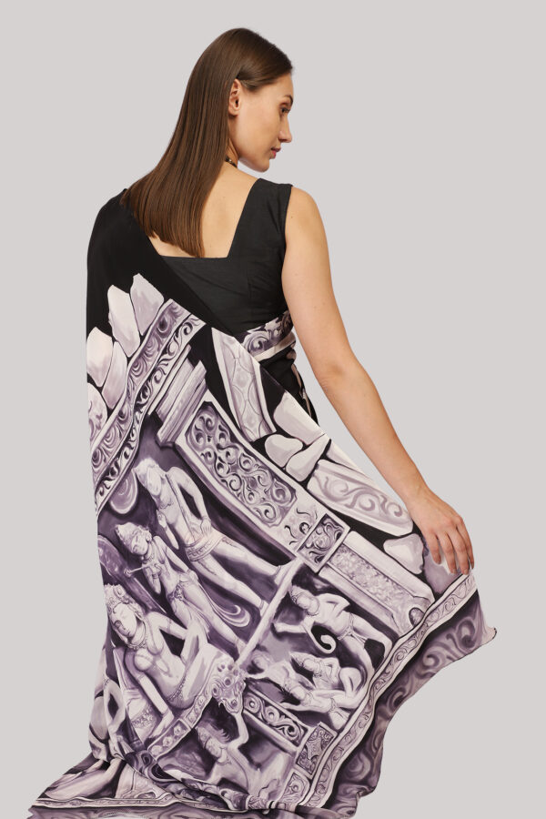 Khajuraho Hand painted Saree in Black and White - Image 4