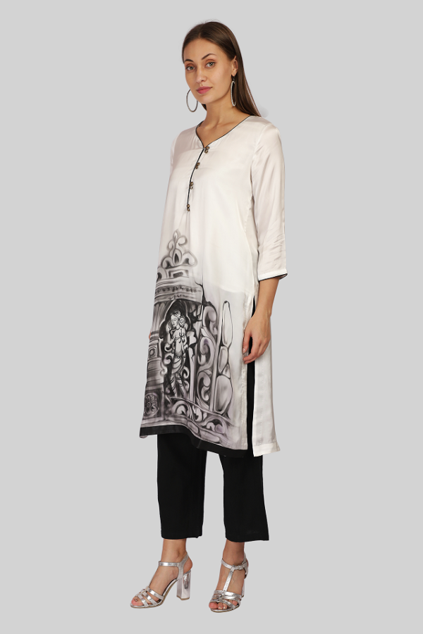 Khajuraho Kurta in Black and White (Hand Painted) - Image 3