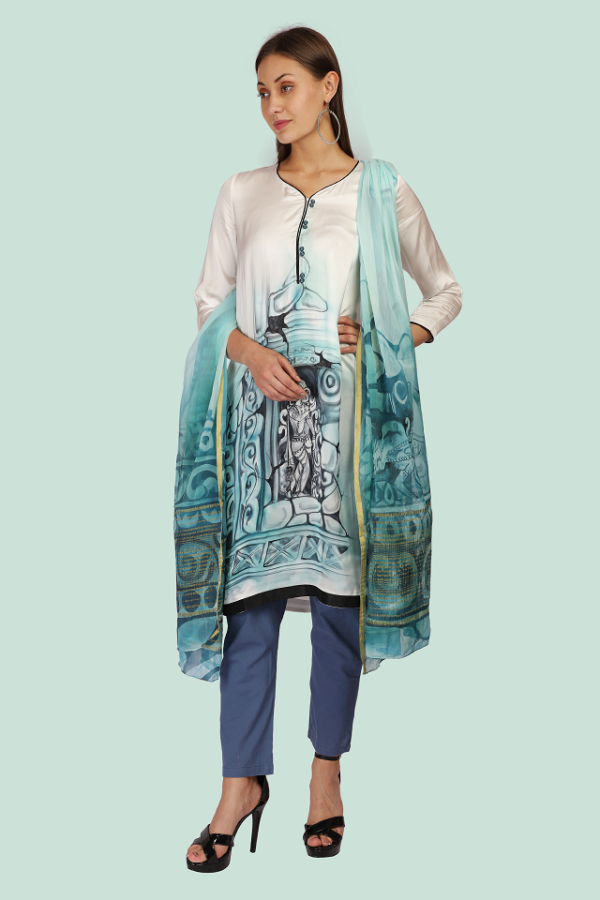 Teal Chiffon hand painted Scarf (Dupatta) - Image 3