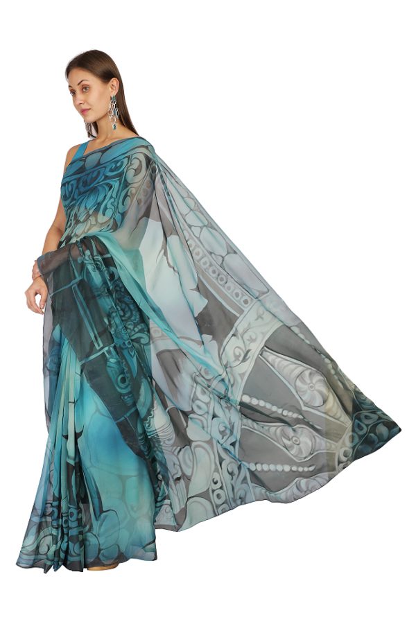 Teal Saree in Khajuraho Theme with hand painting - Image 4