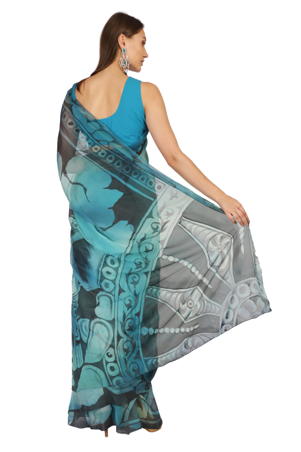 Teal Saree in Khajuraho Theme with hand painting - Image 5