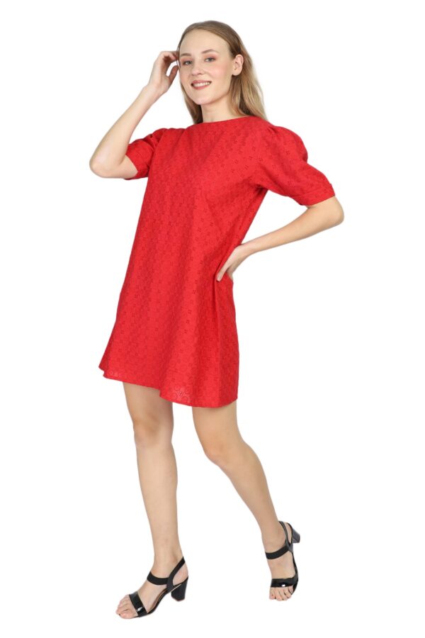 Red Mini Dress in Schiffli - Image 4