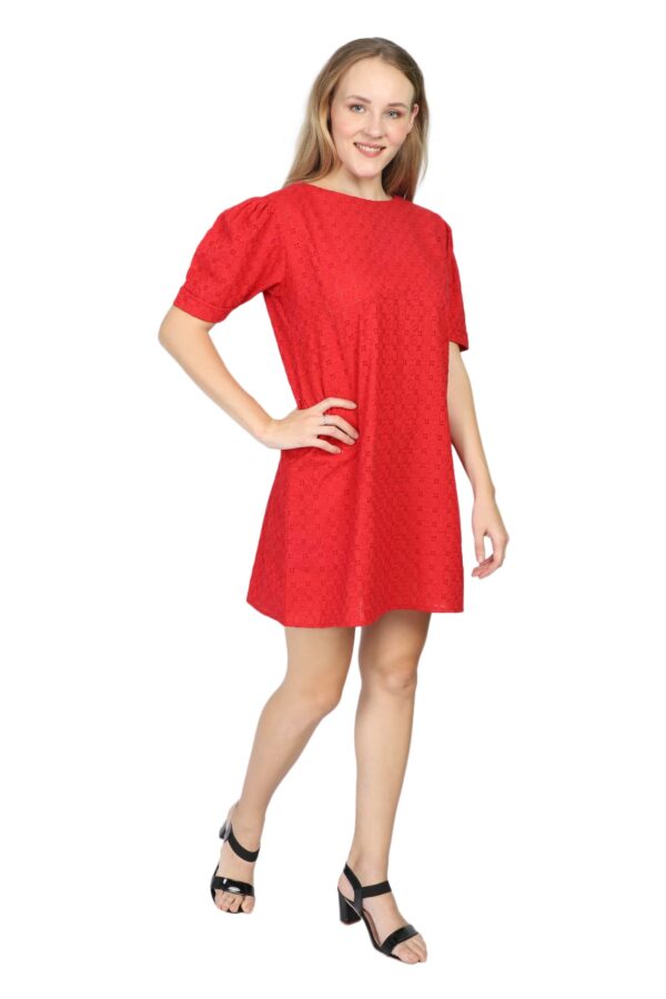 Red Mini Dress in Schiffli - Image 3